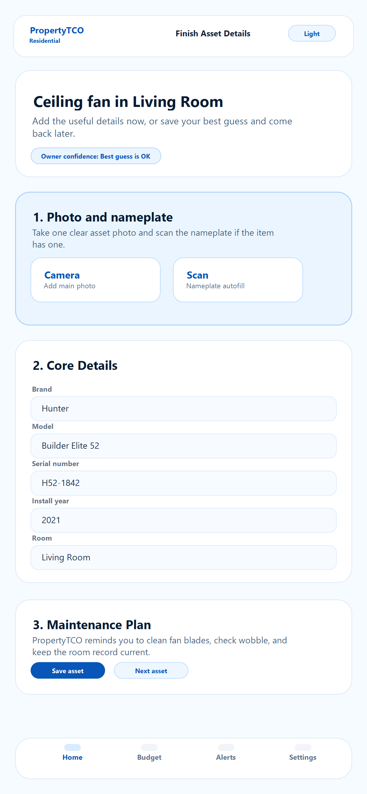 Add asset screen